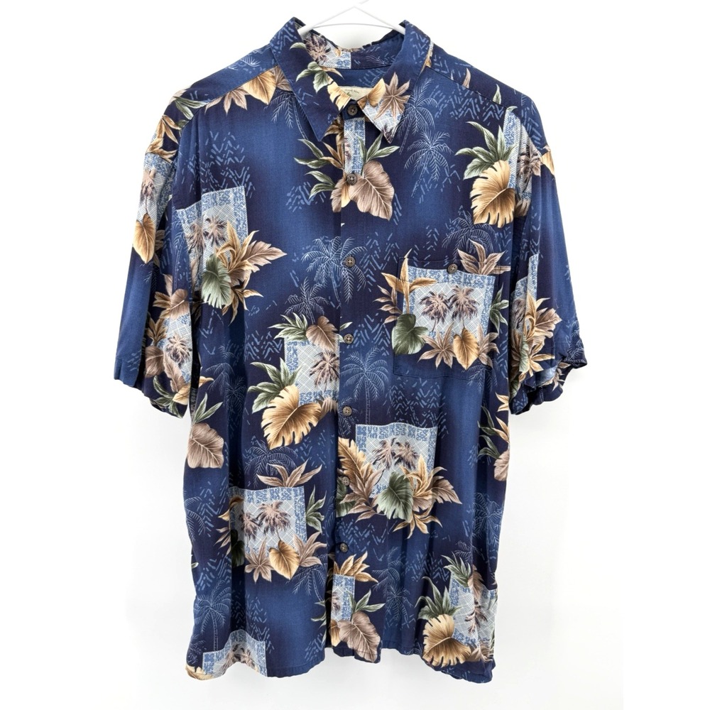 Island Shores Shirt Navy Blue Floral Palm Tree Rayon Hawaiian Resort Vacay Men L